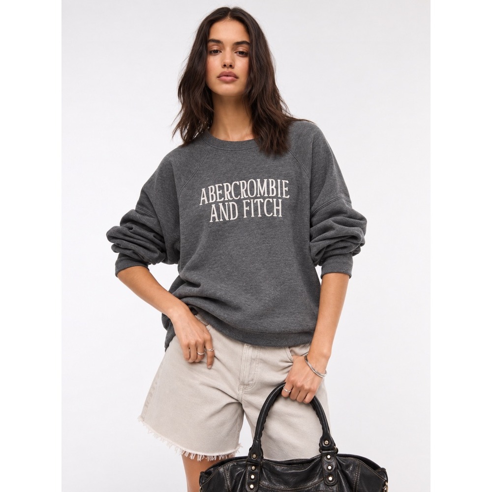 Abercrombie & Fitch Logo Crewneck Sweatshirt Heather Gray Fleece Pullover Medium